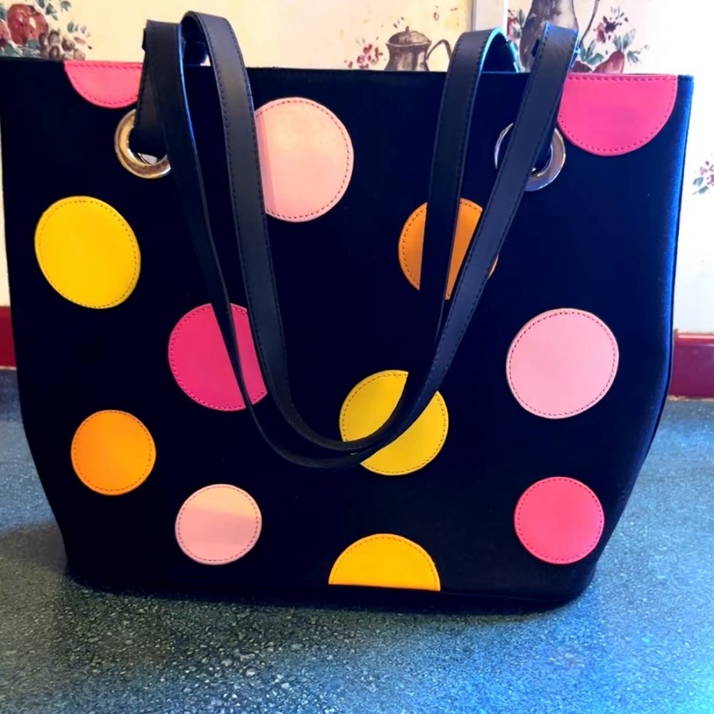 Talbots Black Tote with Pink and Yellow Polka Dots
